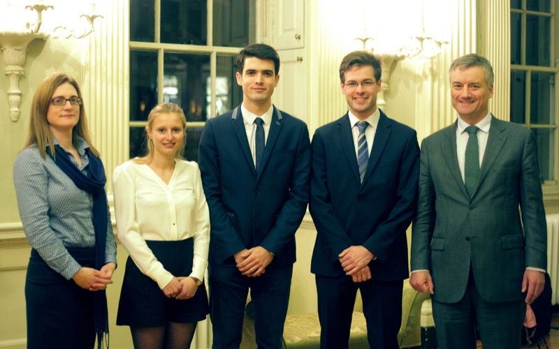 Professor Gail McElroy, Head of School of Social Sciences and Philosophy, 2016 Grattan Scholars Elisa Maria Tirindelli, Benoit Voudon and Jan-Luca Hennig with Provost, Dr Patrick Prendergast