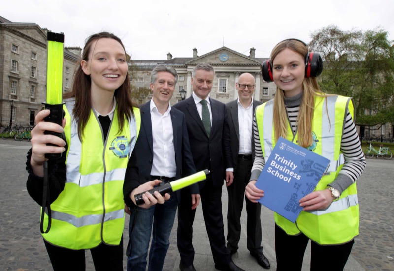 Pictured on the occasion of the announcement are: Provost, Dr Prendergast, Ryanair CFO, Neil Sorahan, Dean of Trinity Business School, Andrew Burke & business students, Annie Gorman and Alannah Higgins.