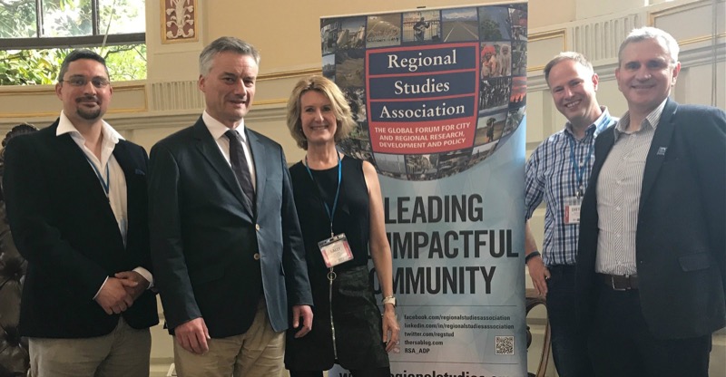 Pictured at the opening of the conference are (l to r): Professor Martin Sokol, Trinity Provost, Dr Patrick Prendergast, RSA Chief Executive, Sally Hardy, Professor Dieter Kogler, UCD, and RSA Chair, Andrew Beer.