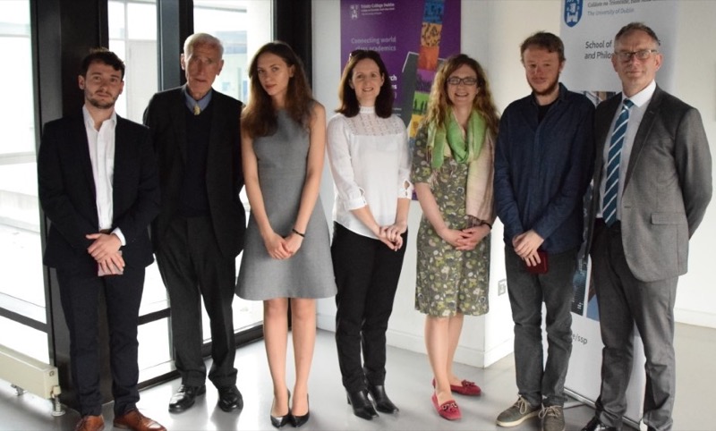 At the awards ceremony, from left, winner Peter West, Prof Dermot McAleese, winner Margaryta Klymak, Director of Undergraduate Teaching and Learning, Dr Elaine Moriarty, Head of the School of Social Sciences and Philosophy, Prof Gail McElroy, winner Liam Kneafsey and Dean of Graduate Studies, Prof Neville Cox