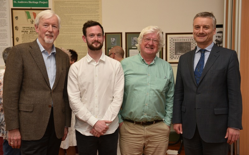 From L-R: former Trinity Provost Dr John Hegarty, Dr Ciaran O'Neill, Professor Ciaran Brady, and current Trinity Provost Dr Patrick Prendergast