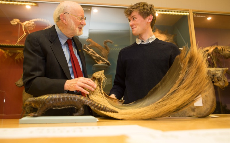 James Orr chats with Professor William C Campbell in the Zoology Museum.