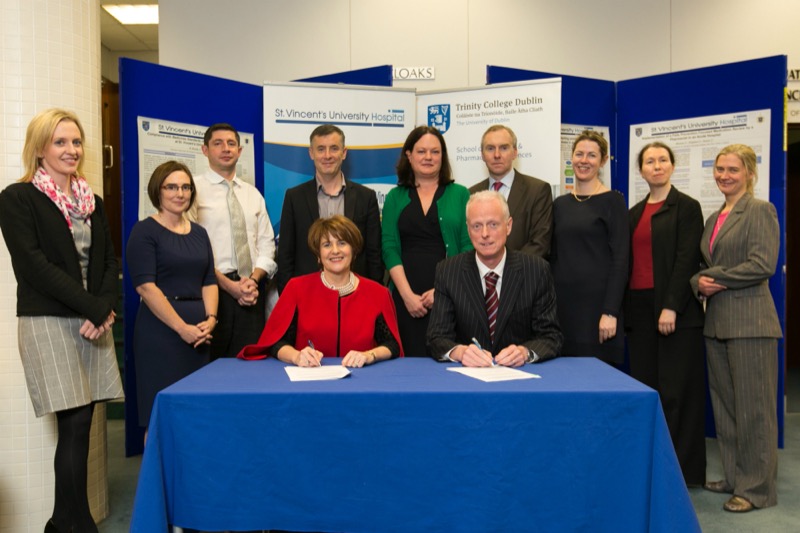 Pictured at the signing of the MOU were Front Row, L-R: Professor Mary McCarron, Dean of the Faculty of Health Sciences, Trinity College Dublin; Professor Michael Keane, Acting CEO, St. Vincent’s University Hospital; Back row: representatives from St Vincent’s University Hospital and from the School of Pharmacy and Pharmaceutical Sciences, Trinity College Dublin.