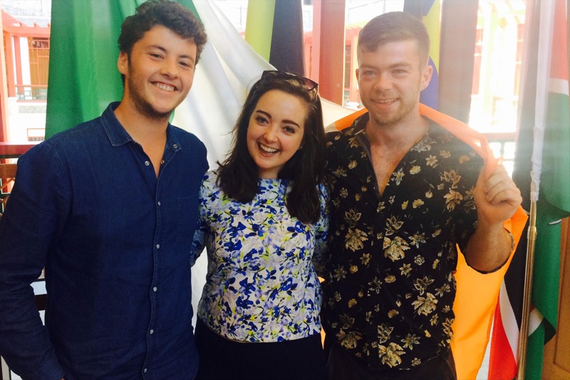 Rob Cahill and Henri Delahaye on exchange in Tsinghua, pictured with Lara Connaughton (a Trinity Alumni) and current Schwarzman Scholar at Tsinghua University. 