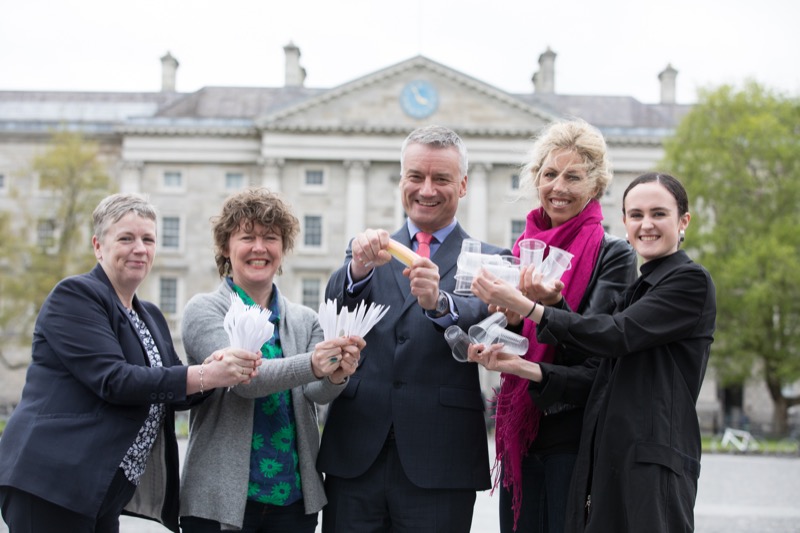 Eliminating disposable plastics with the Provost Patrick Prendergast, from left, Moira O’Brien, Catering Manager, Michele Hallahan, Sustainability Advisor, Joanna Mulkeen, OneStepCloser and student Caitríona De Búrca, TCD Plastic Solutions co-ordinator