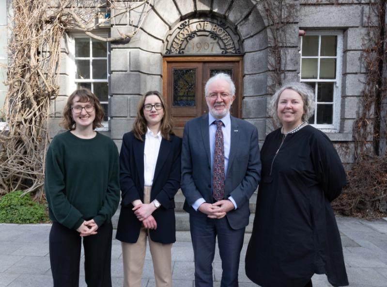 Students Aoife Kiernan and Jessica O'Connor, who run the Evergreen magazine, with Minister Malcolm Noonan and Provost Linda Doyle outside the Botany Building.
