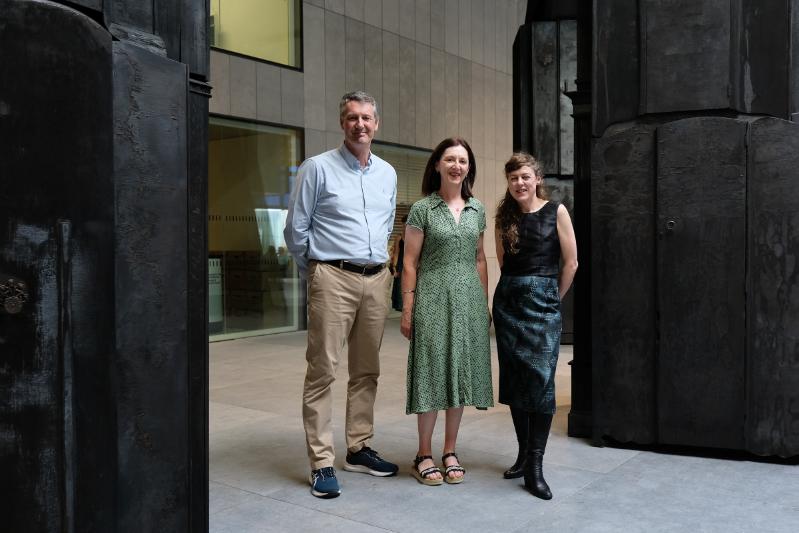 Trinity's Prof. Brian Broderick and Mary Colclough with artist Nina McGowan at the launch of the House on the Beach project