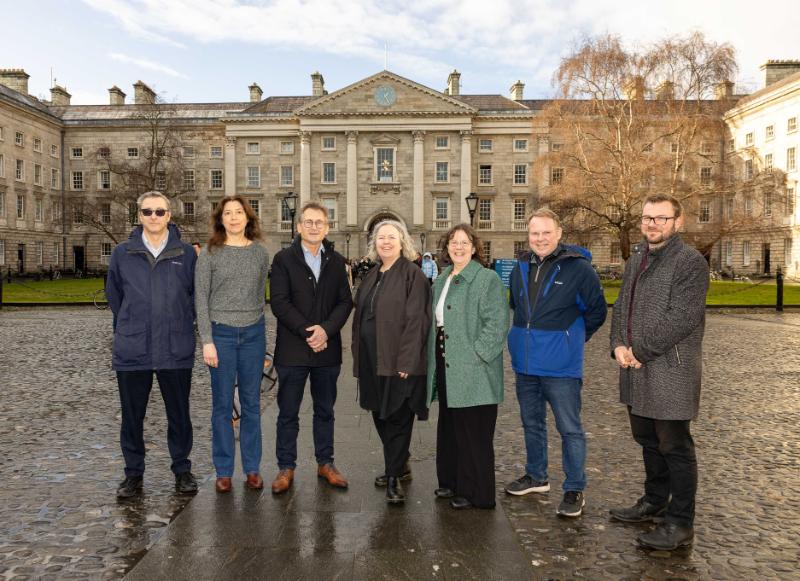 Prof. Ben Feringa in Trinity's Front Square, with Trinity Provost, Dr Linda Doyle, Dean of the Faculty of STEM, Sylvia Draper, and other key members of the School of Chemistry.