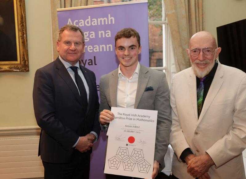 Dr Danny McCoy, CEO, Ibec, with Trinity's 2025 Hamilton Prize winner, Ronan Zaletel, and 2017 Nobel laureate, Prof. Kip Thorne.