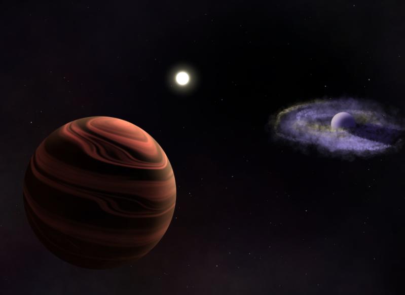 Artist rendition of the YSES-1 System consisting of the ~16 Myr Sun-like star in the center, YSES-1 b and its dusty circumplanetary disk (right), and YSES-1 c with silicate clouds in its atmosphere (left). Image Credit: Ellis Bogat.