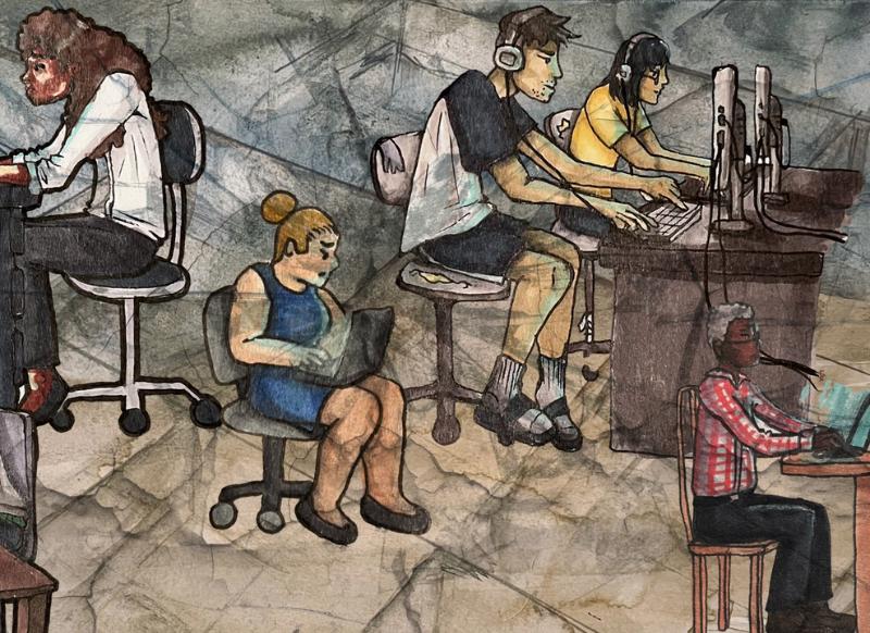 people at computers face away from one another and float above a painted backdrop of dim, empty cubicles, overlaid with fractured glass. Kathryn Conrad & Digit / https://betterimagesofai.org / https://creativecommons.org/licenses/by/4.0/