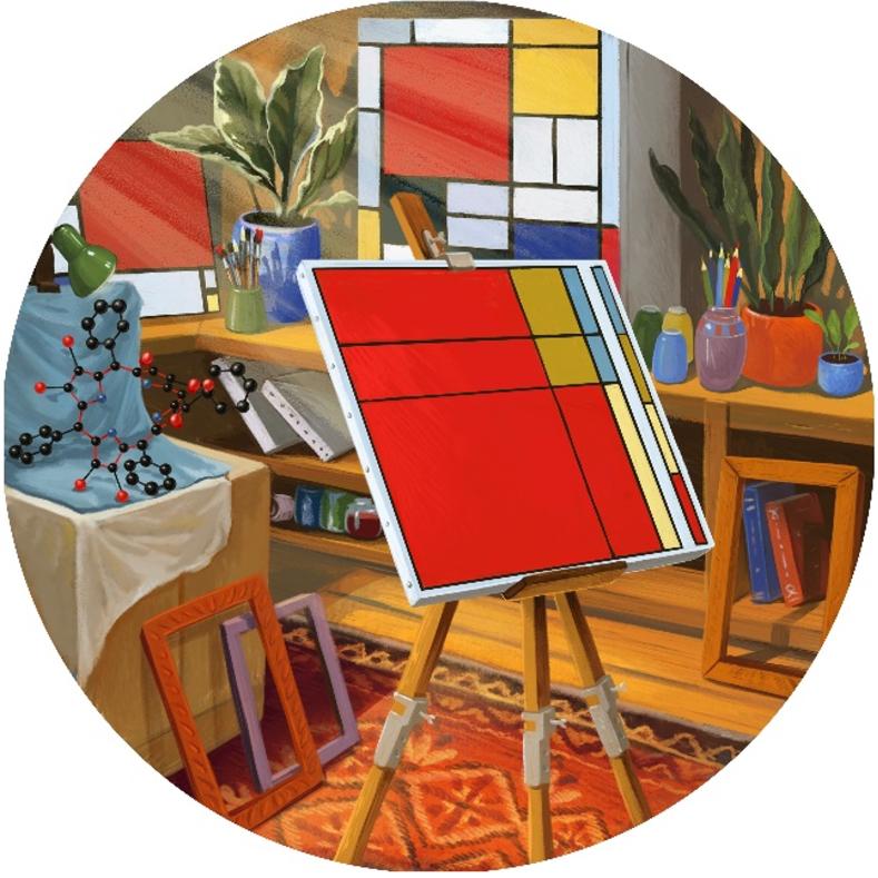 An easel with a Mondrian-esque image made up of different coloured rectangles and black lines sits in a room with a molecule upon which it is built in clear view.
