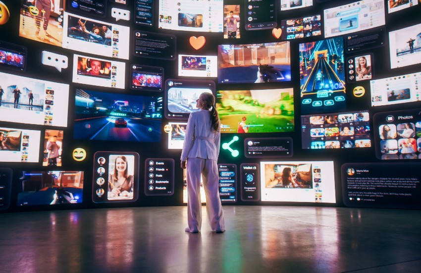 Woman pictured against a bank of media images