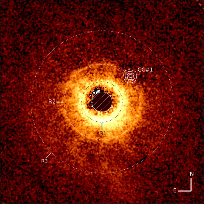 Image of the disk around the star TWA 7 recorded using ESO’s Very Large Telescope’s SPHERE instrument. The image captured with JWST’s MIRI instrument is overlayed. We can clearly see the empty area around TWA 7 B in the R2 ring, CC #1. © A.-M. Lagrange et al. Evidence for a sub-jovian planet in the young TWA7 disk.