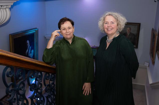 writer Anne Enright with Provost Dr Linda Doyle in a stairwell at Trinity