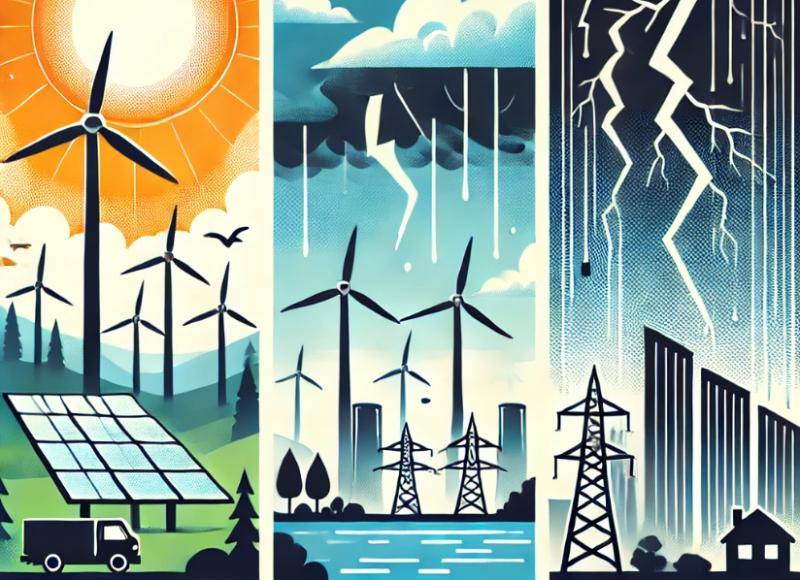 An illustration of extreme weather events such as rainstorms and lightning, and renewable energy sources, such as solar and wind.